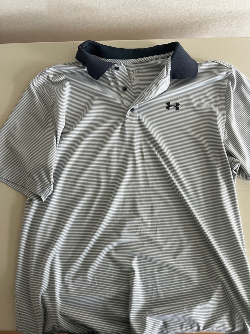 Under Armour Men’s Light Gray Striped Polo with charcoal Collar
